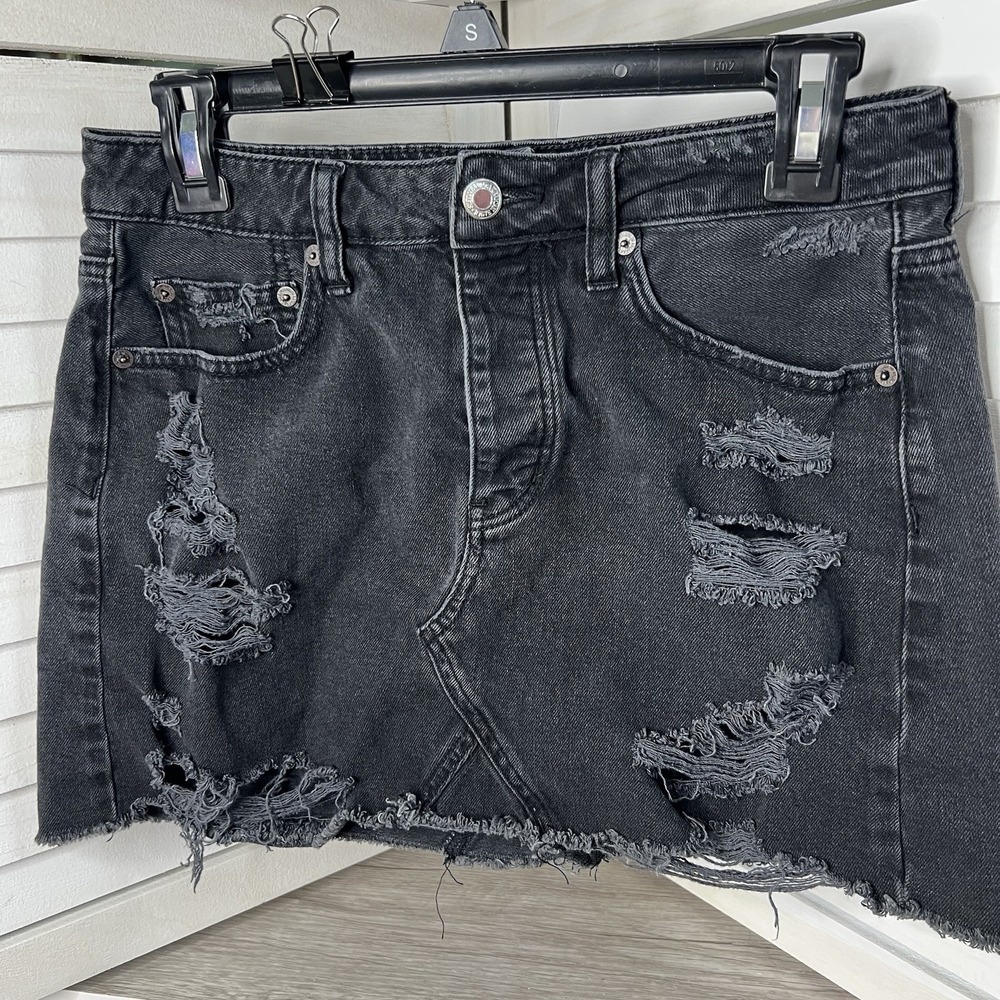 American Eagle Denim Mini Skirt Womens Black Destroyed Distressed ButtonFly Sz 6